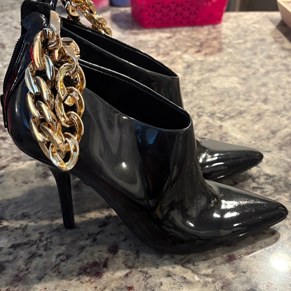 INC International Concepts Black Heeled Boots with Gold Chain